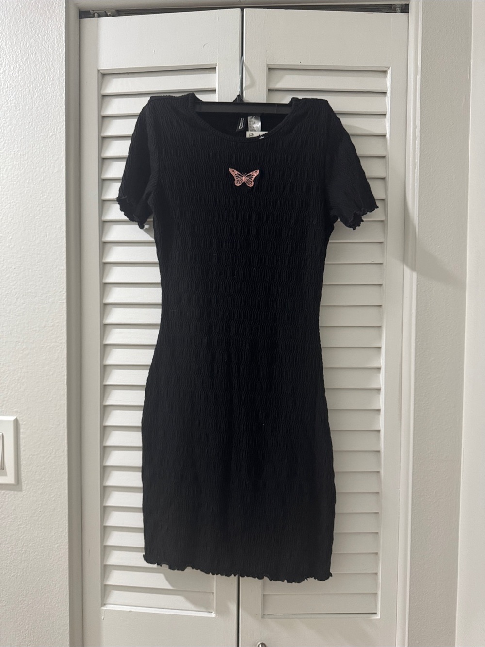 Black Short Sleeve Textured Dress with Pink Butterfly Accent